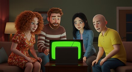 Group of Diverse Young Adults Watching Television in Cozy Living Room Scene