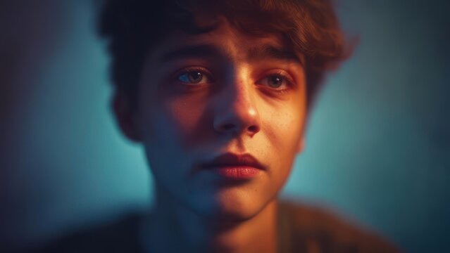 Cinematic Close-Up of a Pensive Youth with Dramatic Orange and Teal Lighting