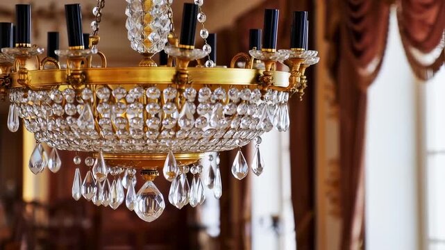Elegant Crystal Chandelier: Golden Frame, Sparkling Light, Luxurious Interior Decor
