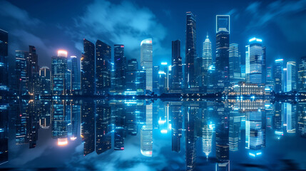 Obraz premium Modern futuristic city skyline at night with vibrant lights and water reflections