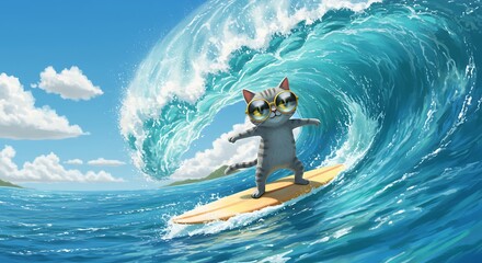 Cute Gray Cat Wearing Sunglasses Surfing on Wave in Bright Blue Ocean