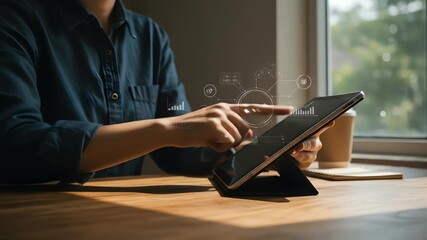 Person using a tablet with digital charts and graphs overlay - Powered by Adobe