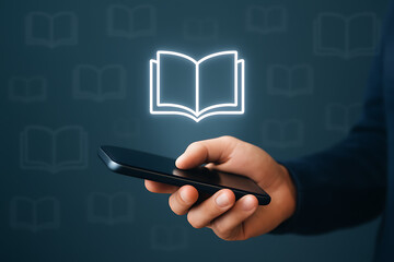 E-library concept. Knowledge base on internet, digital library or e-library. Person using smartphone with Ebook icons.