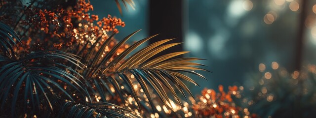 Sunlit palm frond and berries in a lush, dark forest