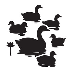  A black silhouette of a family of ducks swimming in a pond. 