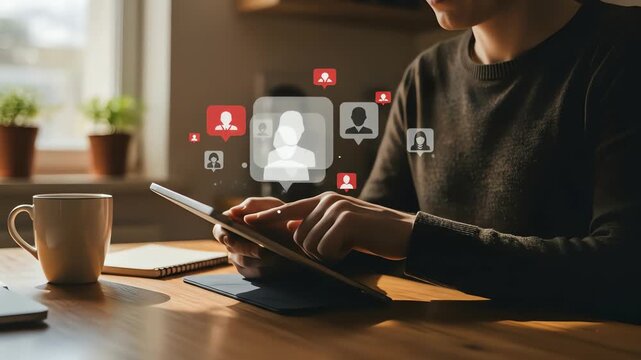 Person using a tablet with social media icons floating above