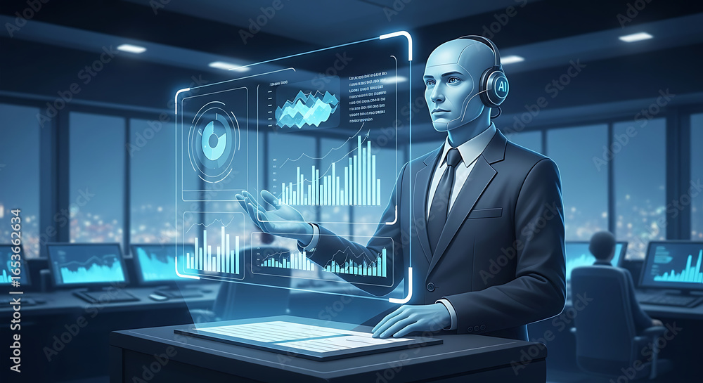 Aufkleber ai humanoid in suit analyzing data on holographic display in futuristic office environment setting s