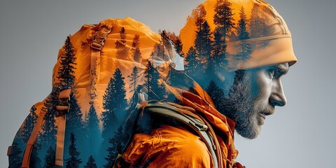 Double exposure image of a hiker overlaid with a pine forest