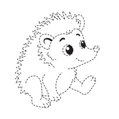 Cute cartoon hedgehog dotted outline, educational tracing drawing for kids coloring, playful learning, fun activity, and early creative art practice.
