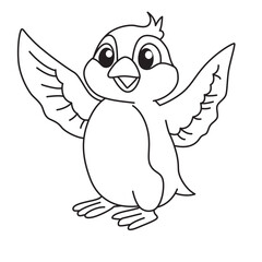 Cute cartoon bird with wings open, simple line art for kids coloring, creative drawing, fun, and playful learning.