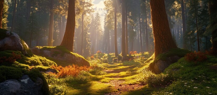 warm autumn forest with glowing sunlight, lush moss-covered ground, winding dirt path, tall trees, magical atmosphere, enchanting landscape, dreamlike scenery, beautiful natural lighting, detailed fol