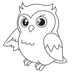 Adorable cartoon owl line drawing with big eyes, simple outline illustration for coloring, children’s art, and creative design.

