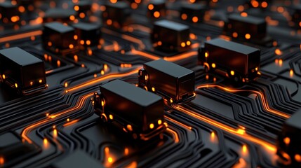 Digital trucks on an illuminated circuit board simulating data or supply chain movement with glowing orange paths