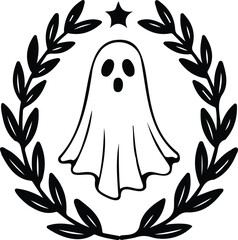 Cute ghost in laurel wreath halloween badge.