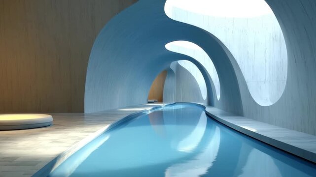 A stunning, modern indoor swimming pool with innovative architectural design that's a true masterpiece of contemporary design, with blue water, and unique structure.