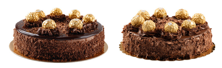 Two chocolate cakes decorated with golden wrapped candies on a white background in a studio shot