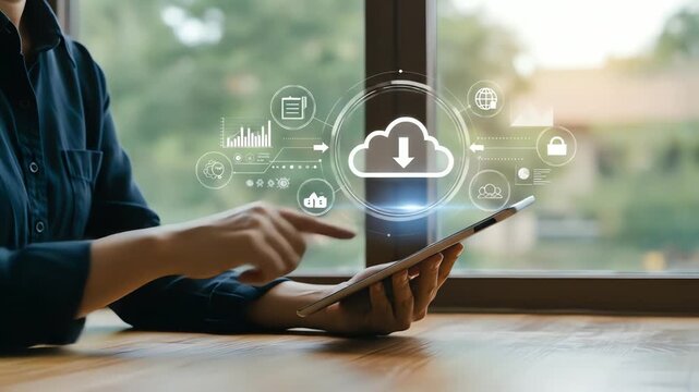 The image shows hands on a tablet with a digital cloud interface overlayed