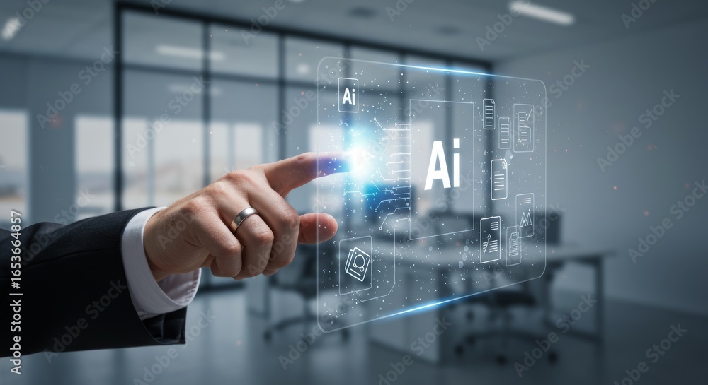 Poster man touching ai interface in office