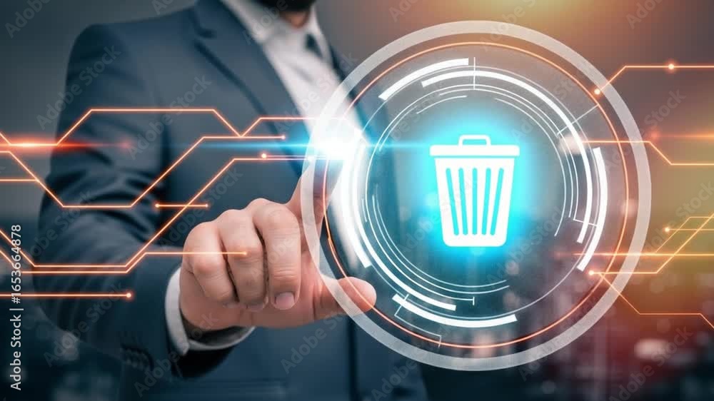 Poster man in suit touching digital trash can icon with glowing lines and futuristic interface design eleme
