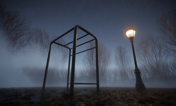 Atmospheric Night Scene Calisthenics Bars Streetlight in Misty Park