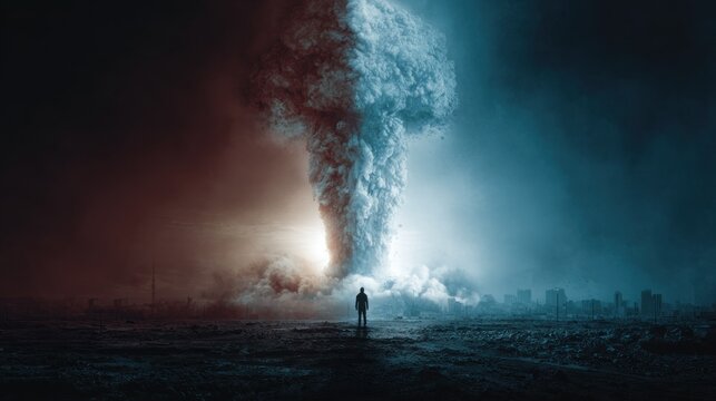 Human stands watching destruction in dystopian city.