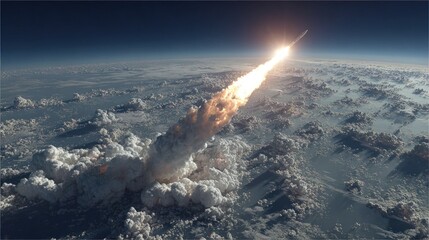 Rocket Launching into Space Above Earth's Atmosphere - High Angle View