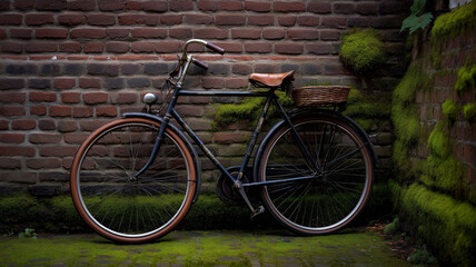 Fototapeta premium Vintage bicycle against brick wall, sunlight creating crisp outlines, aged metal and leather details in focus, rustic city charm