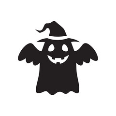 Black silhouette of a spooky Halloween ghost wearing a witch hat with bat-like wings and sharp fangs, ideal for holiday graphics, party invitations, and posters