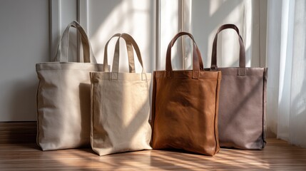 Four tote bags displayed on wooden floor