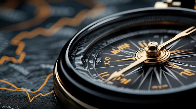 Golden and black vintage style compass resting on a dark surface with blurry orange financial graph lines