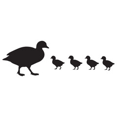 A simple black silhouette illustration of a mother duck leading her ducklings in a line. 