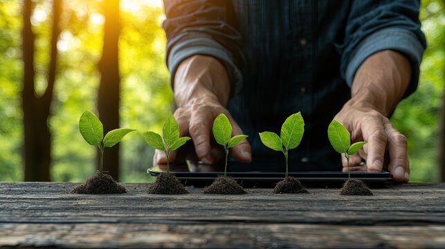 Five green seedlings with soil mounds on a rustic wooden table Human hands behind a tablet and blurred sunlit green nature