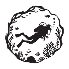 : A sleek black silhouette of a scuba diver with smooth curves and aquatic details. 