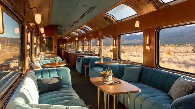 Luxury train interior passing desert landscape