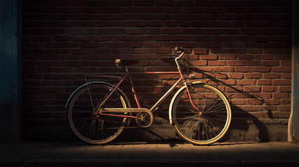 Vintage bicycle against brick wall, sunlight creating crisp outlines, aged metal and leather details in focus, rustic city charm