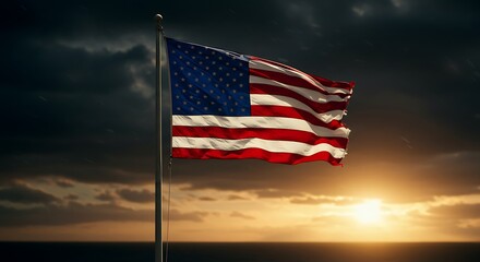 American Flag Waving in Sunset Over Ocean with Dark Sky