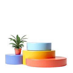 Multicolored circular display podiums with plant.