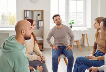 Attending psychological support meeting, patients sitting in circle, talking, share emotional problems. Mental health service, understanding friends encourage, explore and share ideas, wellbeing