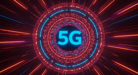 Neon rings and streaks surround a glowing "5G" text. Futuristic design suggests data flow & fast internet connectivity