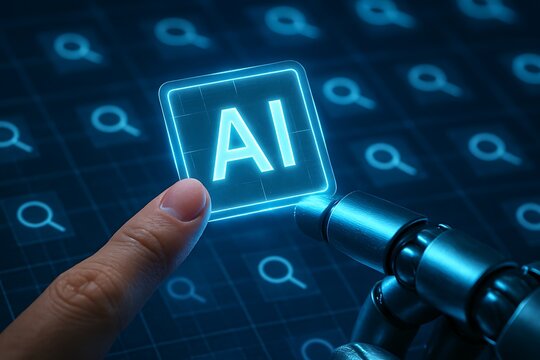 Human hand and robotic arm interact with glowing ai symbol on digital background