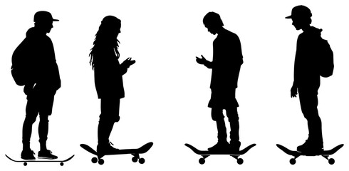 silhouette of group standing with skateboards talking