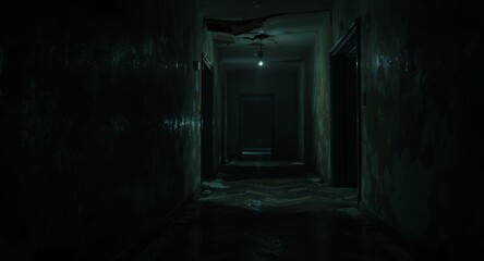 Fototapeta premium Dark Hallway, Dimly Lit, Abandoned Building