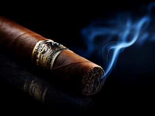 Premium tobacco cigar in dark moody setting with smoke