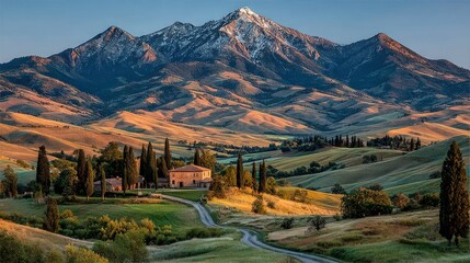 Tuscan farmhouse, road leading to building in the rolling hills with mountain background