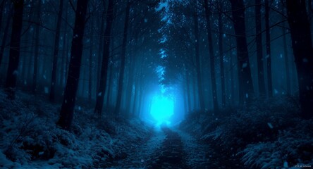 Obraz premium Dark Winter Forest Path with Falling Snow and Ethereal Light