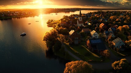 Aerial view of a lakeside village at golden sunset Warm light highlights houses a church and trees Boats dot the water