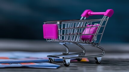 A shiny chrome miniature shopping cart with bright pink plastic handle and details rests on a textured wooden surface