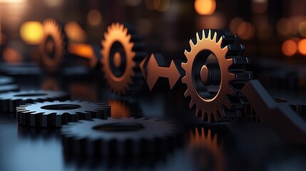 Close up view of metallic gears and connecting arrows in a line against a warm bokeh background Multiple dark gears are visible