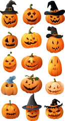 Festive Halloween Pumpkins with Spooky Faces and Witch Hats, Perfect for a Spooky Celebration