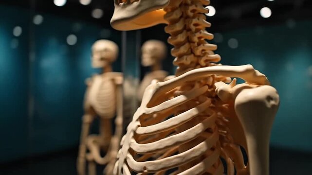 Human anatomy display featuring detailed skeletons in a museum exhibit